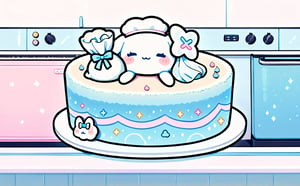 Cinnamoroll \(Sanrio\), decorates cake with frosting, kawaii, :3, chef's hat, pastry bag, blue glaze, kitchen, cute, no humans, sanrio, kawaiitech, solo