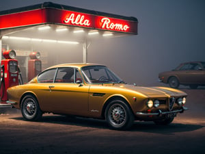 Raw high quality 4k, Giallo Ocra metallic color, 1975 ALFA ROMEO 2000 GTV (oldtimer), black leather interior, doors closed, urban, 1950s, steampunkstyle, more details, more realistic, proportional, 8K, HD,Realism, side angel, same front seats, no letters, polished, side view, In the foggy dessert  a retro gas station, cinematic  night moody atmosphere, evening,Portrait,Cinematic ,Extremely Realistic,c_car,science fiction, same headlight shape,Concept Cars,blood and black, Epic style