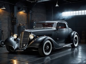 Raw high quality 4k, Dark Black metallic color (black mat accent), Classic Hotrod (oldtimer) , urban, 1960s, steampunkstyle, more details, more realistic, proportional, 8K, HD,Realism, side angel, same front seats, no letters, polished, side view, dark garage, cinematic moody atmosphere, evening,Portrait,Cinematic ,Extremely Realistic,c_car,science fiction, same headlight shape,Concept Cars