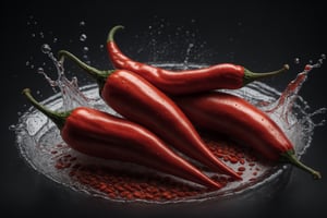 Commercial photography, splashing water, horizontal laying, 1full red chili_pepper ((highly detailed)), studio light, 8k octane rendering, high resolution photography, insanely detailed, fine details, on black isolated plain wet and shiny, stock photo, professional color grading