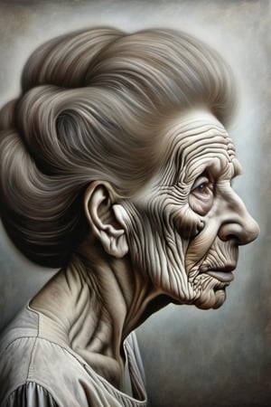 Surrealist art, old woman face with wrinkels. updo long hair, light and dark shadows, hyper realistic photograph,  photo background, realistic,  close-up,  holding,  water,   Dreamlike,  mysterious,  provocative,  symbolic,  intricate,  detailed,