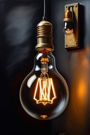 (masterpiece, best quality:1.4), (extremely detailed, 8k, uhd), oil painting, hanging 1 Old retro light bulb with tungsten, highly detailed , solo, single,   painted by Evert Thielen (art painter),  Very Dark background, moody,  very stylisch, realism painting,more detail XL,JMT