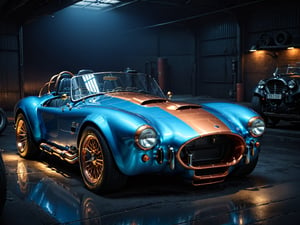 Raw high quality 4k, dark blue_bronsish-copper metallic, two-tone, ac cobra (oldtimer), drive in neoncity in the dark , urban, 1960s, steampunkstyle, more details, more realistic, proportional, 8K, HD,Realism, side angel, same front seats, no letters, polished, side view, dark garage, cinematic moody atmosphere, evening,Portrait,Cinematic ,Extremely Realistic,c_car,science fiction