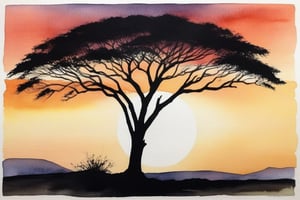 An acacia silhouetted against an African sunset, watercolor, wet wash on watercolor paper, liquid ink, rule of thirds layout, 