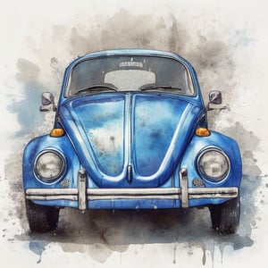 Blue Vintage VW Beetle. High angle head-on view, watercolor, wet wash on watercolor paper, liquid ink, rule of thirds layout, dynamic art. T-shirt design