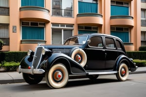 A 1936 car parked in front of an Art Deco apartment building, Art Deco style,ArtDecoXL