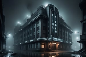 A large, sprawling abandoned retrofuturistic Art Deco building on an apocalyptic city street at night in dense fog, dark image, dark sky, foreboding atmosphere.