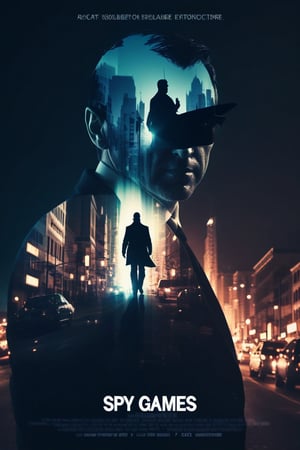 Movie poster, title text='Spy Games.' Silhouette of a sinister man. Inside the silhoutte is a double exposure with nighttime street scene, proportional,DOUBLE EXPOSURE