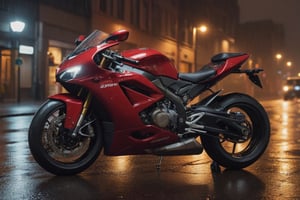 A red high displacement superbike parked on a wet city street at night. 8k, highly professional, detailed, rule-of-thirds layout, high resolution, award-winning, intricate, smooth, in focus, photorealistic