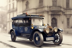 1914 4-seater Police car in front of an old Monreal building,ghibli,sketch art