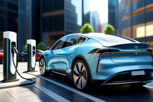 An electric car at a charging station in a hyper-modern city, 8k highly professionally detailed, high resolution, award-winning, intricate, highly detailed, smooth, in focus, shallow depth of field, photorealistic,more detail XL