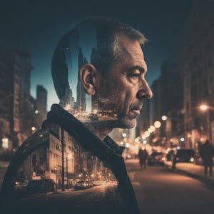 Double exposure: a semi-transparent side-view silhouette of a mature man. Within the silhouette, an image of a city night scene with deserted streets is double-exposed. 