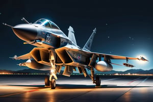 A jet fighter ready for take-off at night. Airbrush, 8k highly professionally detailed, high resolution, award-winning, detailed, in focus, photorealistic