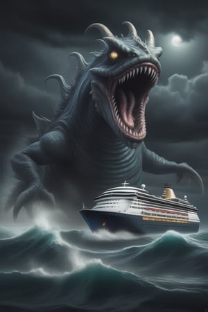 Giant sea monster rising from the ocean, towering over a cruise ship, dark stormy night, hyperrealistic