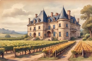 A chateau in a vineyard in Province. Painting in the style of John William Waterhouse. Rule of thirds layout. Watercolour painting, muted, high contrast, painterly, detailed, textural,rough