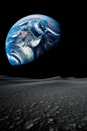 The Earth seen over the curved horizon of a vast desolate lunar landscape, against a backdrop of the inky blackness of space, broken only by a pinpoint of light here and there. 