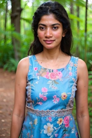 A photo of a pretty woman with long hair, bored, She wears a sleeveless blouse with colorful patterns, armpits, closeup portrait, 85mm lens, (analog, cinematic, film grain:1.3), (walking on a forest trail), ((detailed eyes)), (epicPhoto), (color picture:1.1), makeup, (looking at viewer),SaiPallavi 