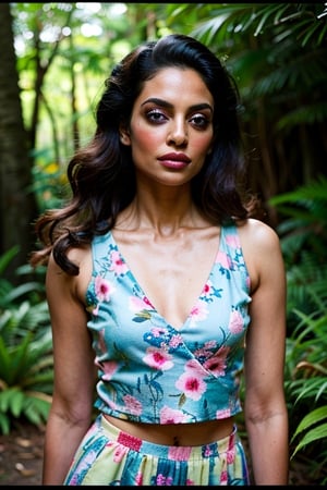 A photo of a pretty woman with long hair, bored, She wears a sleeveless blouse with colorful patterns, looking intensely at camera, 85mm lens, (analog, cinematic, film grain:1.3), (walking on a forest trail), ((detailed eyes)), (epicPhoto), (color picture:1.1), makeup, (looking at viewer),