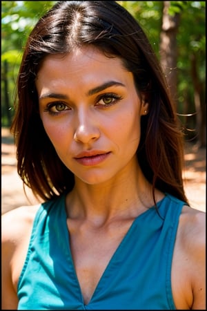 A photo of a pretty woman with long hair, bored, She wears a sleeveless blouse with colorful patterns, closeup portrait, 85mm lens, (analog, cinematic, film grain:1.3), (walking on a forest trail), ((detailed eyes)), (epicPhoto), (color picture:1.1), makeup, (looking at viewer)