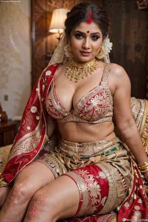 Amazingly beautiful indian bride with dazzling jewelry, sindoor on hair partings, sindoor, sindur, ornate display, sitting coyly on a large bed, curvy body, large breast, deep cleavage, strapless bra, beautifully done hair, masterpiece, uhd, best quality, shot with nikon 70 mm lens, wedding photography, realism