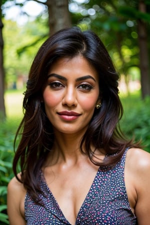 A photo of a pretty woman chitrangada Singh, with long hair, bored, She wears a sleeveless blouse with colorful patterns, closeup portrait, 85mm lens, (analog, cinematic, film grain:1.3), (walking on a forest trail), ((detailed eyes)), (epicPhoto), (color picture:1.1), makeup, (looking at viewer)