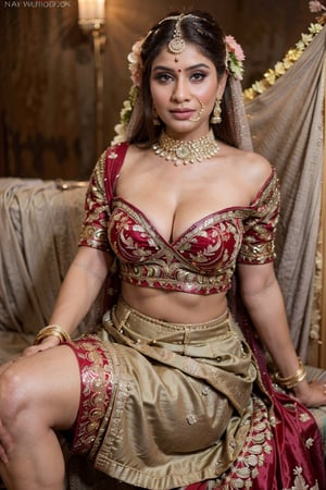 Amazingly beautiful indian bride with dazzling jewelry, ornate display, sitting coyly on a stool, curvy body, large breast, deep cleavage, strapless bra, beautifully done hair, masterpiece, uhd, best quality, shot with nikon 70 mm lens, wedding photography, realism