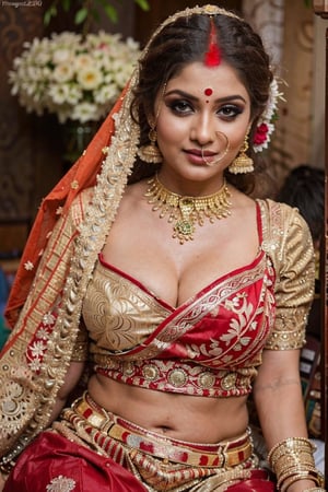 Amazingly beautiful indian bride with dazzling jewelry, sindoor on hair partings, sindoor, sindur, ornate display, sitting coyly on a park bench curvy body, large breast, deep cleavage, strapless bra, beautifully done hair, masterpiece, uhd, best quality, shot with nikon 70 mm lens, wedding photography, realism