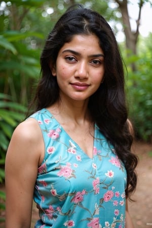 A photo of a pretty woman with long hair, bored, She wears a sleeveless blouse with colorful patterns, armpits, closeup portrait, 85mm lens, (analog, cinematic, film grain:1.3), (walking on a forest trail), ((detailed eyes)), (epicPhoto), (color picture:1.1), makeup, (looking at viewer),SaiPallavi 