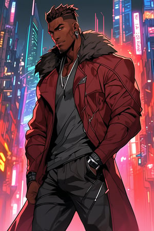 In a stunning illustration, a young male focus with anime-tribal-inspired aesthetics stands proudly in the foreground, surrounded by a vibrant cyberpunk cityscape in the background. Our subject, a black-skinned demon, poses dynamically, his piercing gaze and menacing expression drawing the viewer's attention.

He wears a sleek Cyberpunk Clothing, exuding beefcake appeal as he confidently stands before the bustling metropolis. The cyberpunk architecture stretches out behind him, a kaleidoscope of neon lights and futuristic skyscrapers that seem to pulse with energy.

Every detail is meticulously rendered, from the intricate patterns on his long tied up dark red dreadlocks to the subtle definition in his facial features. The overall aesthetic is one of edgy sophistication, as if plucked straight from an absurdres fantasy.

dynamic pose, dark red hair, Cyberpunk Clothing,muscular,bara