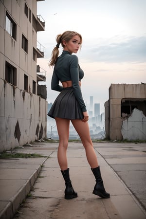 18 year old Russian girl, named Sophie slender fit body, fit body, slim body, ((long blonde hair), blue shape eyes,medium breast, fit body, teen girl, full body, 18 years old, (masterpiece),{{full body portrait}}, A lonely 18yr old girl in a nuclear wasteland. Wearing a dark grey low rise miniskirt, low waist miniskirt, {{chunky knit croptop cleavage sweater}} and long military parka, {{{exposed tummy and cleavage}}}, showing lots of thigh, bare legs, combat boots, faded light brown hair in twin pigtails, smudged dark gothic eye makeup, shes holding a shotgun. Concrete wall with Graffiti, The once thriving city now lies in ruins, with crumbling buildings and abandoned vehicles scattered amidst the desolation and Zombies. Nature has started to reclaim the territory, with ((plants growing through cracks in the concrete)). The atmosphere is eerie, with a sense of loneliness and despair hanging in the air. The scene is bathed in a dark and moody light, emphasizing the post-apocalyptic setting. (((The girl's expression reflects her loneliness and the weight of the world she carries on her shoulders.))) The colors are muted, with a desaturated and faded palette, further enhancing the desolate mood of the scene., eyeliner, eyeshadow,SAM YANG,Solo girl,furiosaimp,1girl,DonMW4573L4nd, view from behind, back view, looking_at_viewer, looking back ,zombie