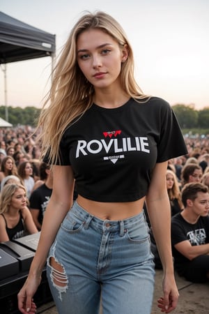 19 year old Russian girl, named Sophie, medium blonde hair, blue eyes, medium breast, dynamic view, teen girl, full body shot, 1girl, ((full body Portrait)), Naughty smille, naughty smirk, devil smille, malicious smille, (Top Quality, Masterpiece) youngwoman, slender body, (fit girl), wide thighs, black t-shirt, rolling stones logotype,  fashionable ripped jeans, at outdoor concert, rock and roll t-shirt, rock concert, daylight, outdoor, having fun, full body, concert, festival, lots of people, dancing and partying, rock concert at night, festival, jumping and dancing, night time