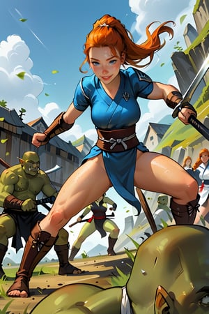 18 year old Russian named Joanna, large breasts, slender fit body, slim fit body, freckles, detailed picture, ginger hair, hairstyle, blue perfect yes,  (beautiful detailed eyes), BREAK A young Japanese woman in rage brandishes a Japanese sword under the scorching sun, full body view, action pose,Fighting an ugly big ORC, Orc, fight, fighting a ugly Orc, dynamic view, dutch_angle, ninja, ninja outfit, hardcore fight, 1girl, one orc 