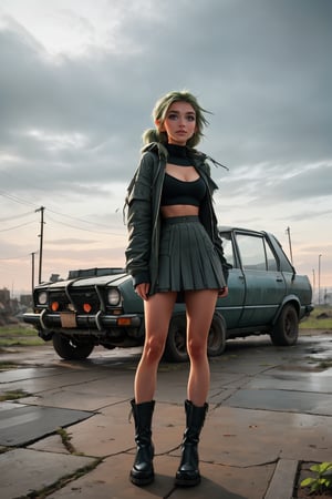 19 year old Russian girl, named Sophie slender fit body, fit body, slim body, ((long blonde hair), blue shape eyes,medium breast, fit body, teen girl, full body, 19 years old, (masterpiece),{{full body portrait}}, A lonely 18yr old girl in a nuclear wasteland. Wearing a dark grey low rise miniskirt, low waist miniskirt, {{chunky knit croptop cleavage sweater}} and long military parka, {{{exposed tummy and cleavage}}}, showing lots of thigh, bare legs, combat boots. faded green hair in twin pigtails, smudged dark gothic eye makeup. Concrete wall with Graffiti, The once thriving city now lies in ruins, with crumbling buildings and abandoned vehicles scattered amidst the desolation. Nature has started to reclaim the territory, with ((plants growing through cracks in the concrete)). The atmosphere is eerie, with a sense of loneliness and despair hanging in the air. The scene is bathed in a dark and moody light, emphasizing the post-apocalyptic setting. The girl's expression reflects her loneliness and the weight of the world she carries on her shoulders. The colors are muted, with a desaturated and faded palette, further enhancing the desolate mood of the scene., eyeliner, eyeshadow,SAM YANG,Solo girl,furiosaimp,1girl,DonMW4573L4nd, view from behind, back view, looking_at_viewer, looking back 