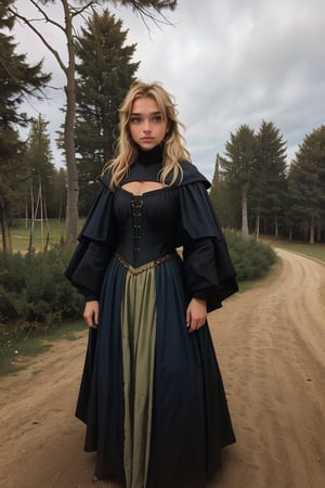 17 year old Medieval girl, named Sophie, medium blonde hair, blue eyes, medium breast, dynamic view, teen girl, full body, 17 years old, (masterpiece),, ultra high resolution, 8k, masterpiece UHD, unparalleled masterpiece, ultra realistic 8K, Atmospheric perspective. ((beautiful village girl 17 years old )) blonde, in medivel Europe, in a dark medieval village, pine trees, cottage, dark mood, (wearing whore medieval clothes), Medieval Time, Medieval Era, Medieval Castle in distant background, wearing medieval outfit, shes a street whore 