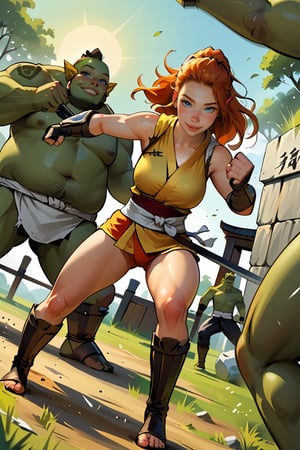 18 year old Russian named Joanna, large breasts, slender fit body, slim fit body, freckles, detailed picture, ginger hair, hairstyle, blue perfect yes,  (beautiful detailed eyes), BREAK A young Japanese woman in rage brandishes a Japanese sword under the scorching sun, full body view, action pose,Fighting an ugly big ORC, Orc, fight, fighting a Orc, dynamic view, dutch_angle, ninja, ninja outfit, hardcore fight 