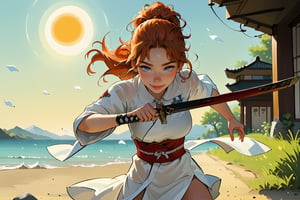 18 year old Russian named Joanna, large breasts, slender fit body, slim fit body, freckles, detailed picture, ginger hair, hairstyle, blue perfect yes,  (beautiful detailed eyes), BREAK A young Japanese woman soaked in sweat brandishes a Japanese sword under the scorching sun, full body view, action pose