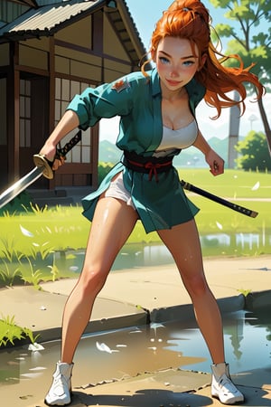 18 year old Russian named Joanna, large breasts, slender fit body, slim fit body, freckles, detailed picture, ginger hair, hairstyle, blue perfect yes,  (beautiful detailed eyes), BREAK A young Japanese woman soaked in sweat brandishes a Japanese sword under the scorching sun, full body view, action pose