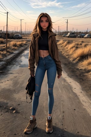 18  year old young Russian girl, named Natasha, ((long light brown hair)), blue shape eyes,medium breast, fit body, teen girl, full body, early 18 years old, slim fit body, slender fit body, young body figure, medium perfect breasts,(masterpiece), [[FULL BODY]], BREAK, Masterpiece, 8k, 4k, (1 girl), Dirty pretty skinny girl in a post-apocalyptic dystopian world, realistic environment, dark mood, Concept art by Soren Olsen, (natural skin texture, portrait), ripped shirt, ragged clothing, [(clean face):1.3], looking down, apocalypse, end of world, post-war, background detailed, destruction, foggy weather, sun shine, intricate details, (high definition, ultra high resolution, ultra realistic:1.1),photorealistic,post-apocalypic_fashion