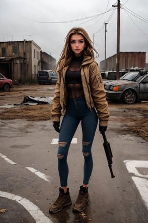 18  year old young Russian girl, named Natasha, ((long light brown hair)), blue shape eyes,medium breast, fit body, teen girl, full body, early 18 years old, slim body, slender fit body, young body figure, medium perfect breasts,(masterpiece), [[FULL BODY]], BREAK, Masterpiece, 8k, 4k, (1 girl), Dirty pretty skinny girl in a post-apocalyptic dystopian world, realistic environment, dark mood, Concept art by Soren Olsen, (natural skin texture, portrait), ripped shirt, ragged clothing, [(clean face):1.3], looking down, apocalypse, end of world, post-war, background detailed, destruction, foggy weather, sun shine, intricate details, (high definition, ultra high resolution, ultra realistic:1.1),photorealistic,post-apocalypic_fashion