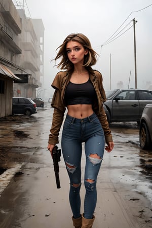 18 year old young Russian girl, named Natasha, ((long light brown hair)), blue shape eyes,medium breast, fit body, teen girl, full body, early 18 years old, slim fit body, slender fit body, young body figure, medium perfect breasts,(masterpiece), [[FULL BODY]], BREAK, Masterpiece, 8k, 4k, (1 girl), Dirty pretty  girl in a post-apocalyptic dystopian world, realistic environment, dark mood, Concept art by Soren Olsen, (natural skin texture, portrait), ((ripped shirt, ragged clothing)), [(clean face):1.3], looking down, apocalypse, end of world, post-war, background detailed, destruction, foggy weather, sun shine, intricate details, (high definition, ultra high resolution, ultrarealistic:1.1), photorealistic,post-apocalypic_fashion, gorgeous female in tattered outfit walk in the middle of apocalypse, she has short messy hair, injured, carrying bazooka on her back,SAM YANG