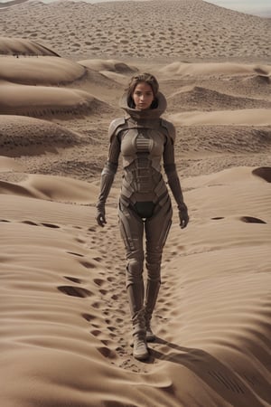 18 year old Russian girl, light brown hair girl, named Ivanna textured skin, ambient light, realistic shadows, beautiful detailed eyes, slender body, slim fit body, fit teen girl,  [[FULL BODY]], BREAK, Ivanna arrived on planet Arrakis (((DUNE))), shes wearing a stillsuit from Dune movie, at the background you see the arid landscape of planet Arrakis, ((Ivanna just arrived on the arid planet her spaceship crashed on the arid desert planet)) 