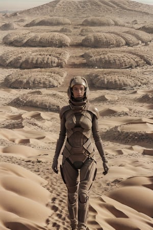 18 year old Russian girl, light brown hair girl, named Ivanna textured skin, ambient light, realistic shadows, beautiful detailed eyes, slender body, slim fit body, fit teen girl,  [[FULL BODY]], BREAK, Ivanna arrived on planet Arrakis (((DUNE))), shes wearing a stillsuit a respirator mask from Dune movie, at the background you see the arid landscape of planet Arrakis, ((Ivanna just arrived on the arid planet her spaceship crashed on the arid desert planet)), (((( RETRO DUNE MOVIE POSTER))))