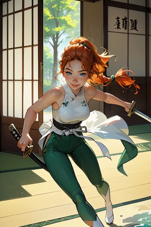 18 year old Russian named Joanna, large breasts, slender fit body, slim fit body, freckles, detailed picture, ginger hair, hairstyle, blue perfect yes,  (beautiful detailed eyes), BREAK A young Japanese woman soaked in sweat brandishes a Japanese sword under the scorching sun, full body view, action pose