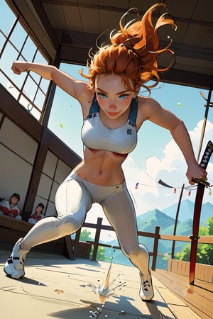 18 year old Russian named Joanna, large breasts, slender fit body, slim fit body, freckles, detailed picture, ginger hair, hairstyle, blue perfect yes,  (beautiful detailed eyes), BREAK A young Japanese woman soaked in sweat brandishes a Japanese sword under the scorching sun, full body view, action pose, jumping, jump, dynamic view, dutch_angle