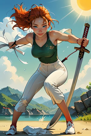 18 year old Russian named Joanna, large breasts, slender fit body, slim fit body, freckles, detailed picture, ginger hair, hairstyle, blue perfect yes,  (beautiful detailed eyes), BREAK A young Japanese woman soaked in sweat brandishes a Japanese sword under the scorching sun, full body view, action pose