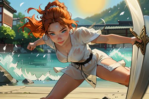 18 year old Russian named Joanna, large breasts, slender fit body, slim fit body, freckles, detailed picture, ginger hair, hairstyle, blue perfect yes,  (beautiful detailed eyes), BREAK A young Japanese woman soaked in sweat brandishes a Japanese sword under the scorching sun, full body view, action pose