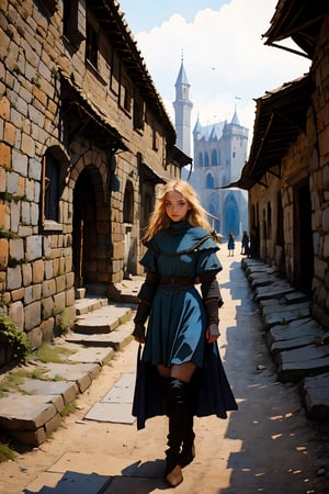 17 year old Medieval girl, named Sophie, medium blonde hair, blue eyes, medium breast, dynamic view, teen peasant girl, full body, 17 years old, (masterpiece), ultra high resolution, 8k, masterpiece UHD, unparalleled masterpiece, ultra realistic 8K, Atmospheric perspective. ((beautiful peasant girl 17 years old )) blonde, in medivel Europe, in a dark medieval village, Medieval Europe village, dark mood, (wearing torned clothes), Medieval Time, Medieval Era, Medieval Castle in distant background, wearing torned peasant clothes, shes a street whore ,sophia, wearing almost no clothes, all her clothes are trashed ,torn clothes