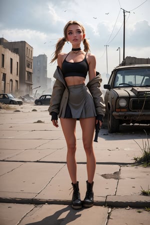 18 year old Russian girl, named Sophie slender fit body, fit body, slim body, ((long blonde hair), blue shape eyes,medium breast, fit body, teen girl, full body, 18 years old, (masterpiece),{{full body portrait}}, A lonely 18yr old girl in a nuclear wasteland. Wearing a dark grey low rise miniskirt, low waist miniskirt, {{chunky knit croptop cleavage sweater}} and long military parka, {{{exposed tummy and cleavage}}}, showing bruises on her legs, bare legs, combat boots, faded light brown hair in twin pigtails, smudged dark gothic eye makeup, ((shes holding a shotgun)).wasteland on the background, The once thriving city now lies in ruins, with crumbling buildings and abandoned vehicles scattered amidst the desolation and Zombies. Nature has started to reclaim the territory, with ((plants growing through cracks in the concrete)). The atmosphere is eerie, with a sense of loneliness and despair hanging in the air. The scene is bathed in a dark and moody light, emphasizing the post-apocalyptic setting. (((The girl's expression reflects her loneliness and the weight of the world she carries on her shoulders.))) The colors are muted, with a desaturated and faded palette, further enhancing the desolate mood of the scene., eyeliner, eyeshadow,SAM YANG,Solo girl,furiosaimp,1girl,DonMW4573L4nd, view, looking_at_viewer, looking, zombies all over, zombies Dark_Mediaval
