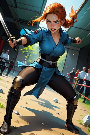 18 year old Russian named Joanna, large breasts, slender fit body, slim fit body, freckles, detailed picture, ginger hair, hairstyle, blue perfect yes,  (beautiful detailed eyes), BREAK A young Russian woman in rage brandishes a Japanese sword under an intense rain, dramatic scene, full body view, action pose, fighting a ninja, fight, nija fight, dynamic view, dutch_angle, ninja, ninja outfit, hardcore fight, 1girl, oNinja