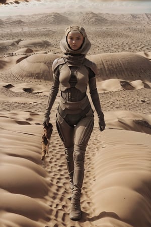 18 year old Russian girl, light brown hair girl, named Ivanna textured skin, ambient light, realistic shadows, beautiful detailed eyes, slender body, slim fit body, fit teen girl,  [[FULL BODY]], BREAK, Ivanna arrived on planet Arrakis (((DUNE))), shes wearing a stillsuit a respirator mask from Dune movie, at the background you see the arid landscape of planet Arrakis, ((Ivanna just arrived on the arid planet her spaceship crashed on the arid desert planet)), (((( RETRO DUNE MOVIE POSTER))))